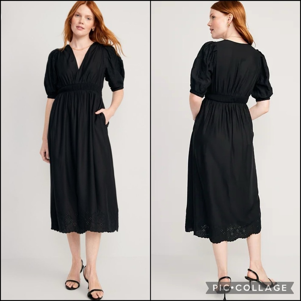 ON Black Embroidered Eyelet Lace Detail Shirred Elastic Maxi Dress